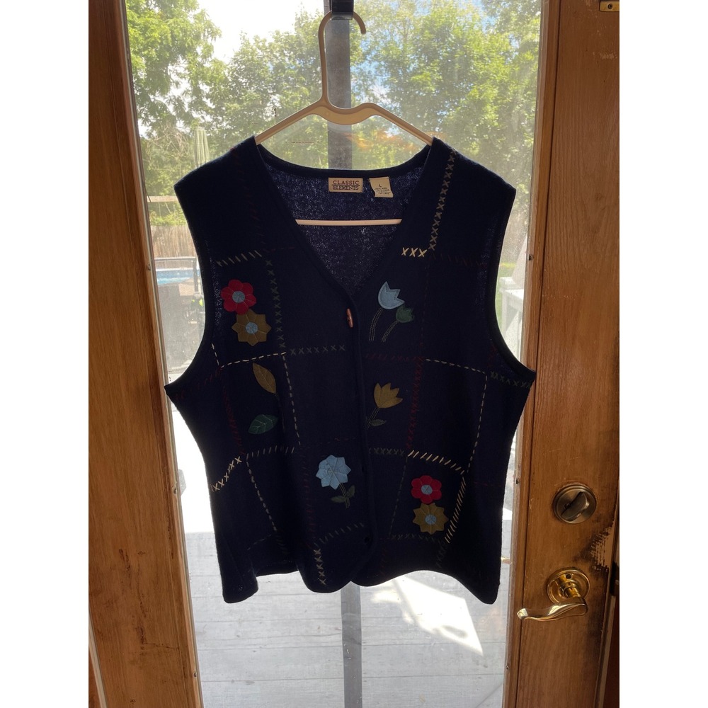 Classic Elements Wool Vest Floral Embroidered‎ Cottagecore Size L